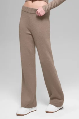 Woll-Kaschmir-High-Waist-Hose mit weitem Bein im New-Class-Stil – Chai Latte