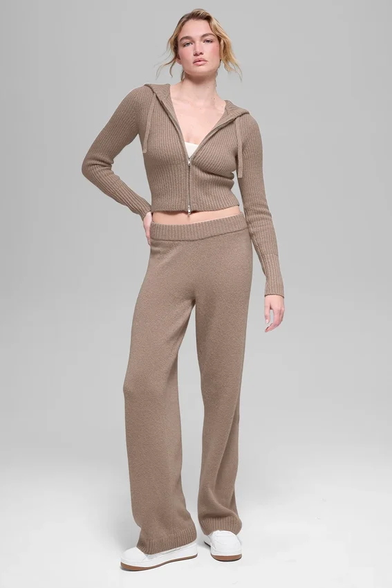 Woll-Kaschmir-High-Waist-Hose mit weitem Bein im New-Class-Stil – Chai Latte