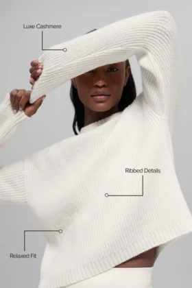 Woll-Kaschmir-Pullover mit geripptem Kragen – Elfenbein