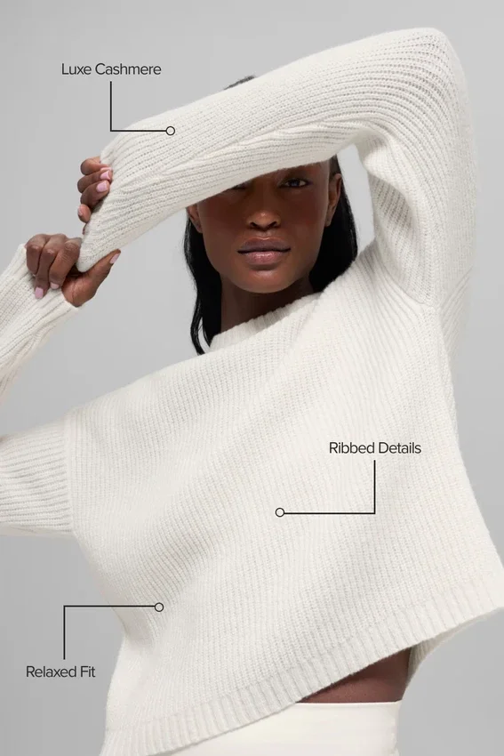 Woll-Kaschmir-Pullover mit geripptem Kragen – Elfenbein
