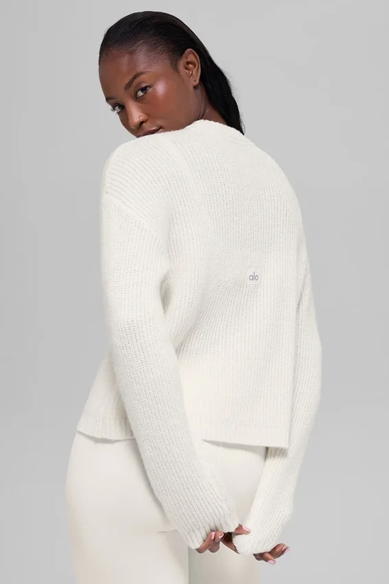 Woll-Kaschmir-Pullover mit geripptem Kragen – Elfenbein