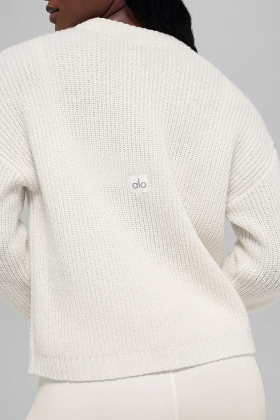 Woll-Kaschmir-Pullover mit geripptem Kragen – Elfenbein