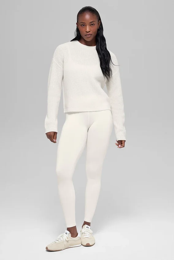 Woll-Kaschmir-Pullover mit geripptem Kragen – Elfenbein