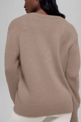 Woll-Kaschmir-Pullover „New Class“ mit V-Ausschnitt in Oversize-Passform – Chai Latte
