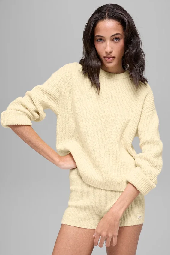 Woll-Kaschmir-Pullover „Noble“ mit Rundhalsausschnitt und Rippbündchen – Candlelight Yellow