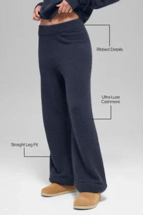 Wolle-Kaschmir-High-Waist-Hose mit weitem Bein – Navy