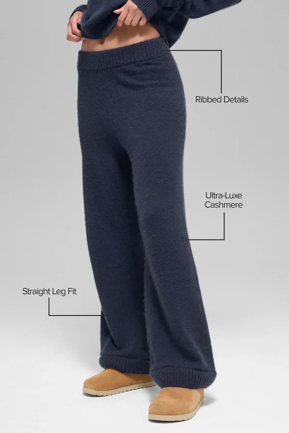 Wolle-Kaschmir-High-Waist-Hose mit weitem Bein – Navy