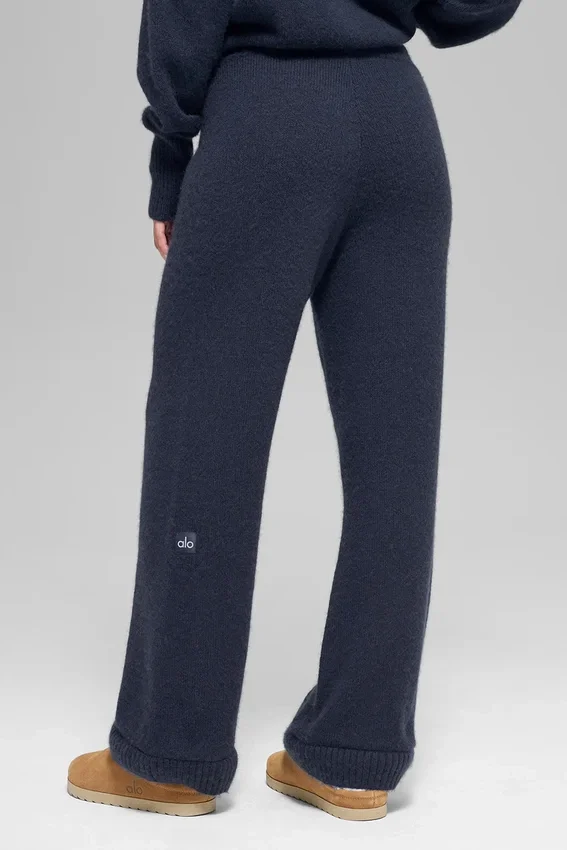 Wolle-Kaschmir-High-Waist-Hose mit weitem Bein – Navy