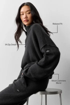 Wool Cashmere New Class Pullover mit 1/4-Reißverschluss – Schwarz