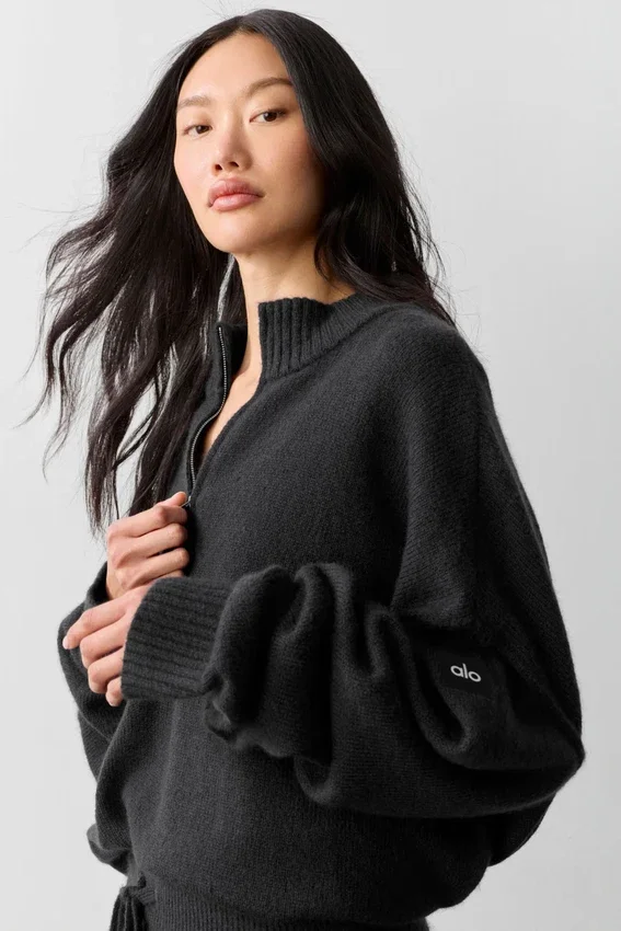 Wool Cashmere New Class Pullover mit 1/4-Reißverschluss – Schwarz