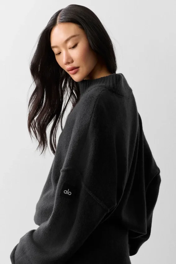 Wool Cashmere New Class Pullover mit 1/4-Reißverschluss – Schwarz