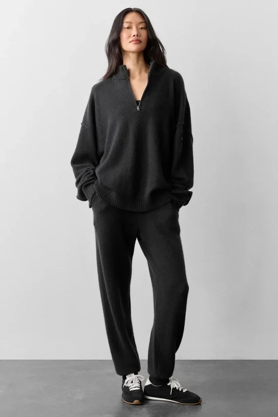 Wool Cashmere New Class Pullover mit 1/4-Reißverschluss – Schwarz